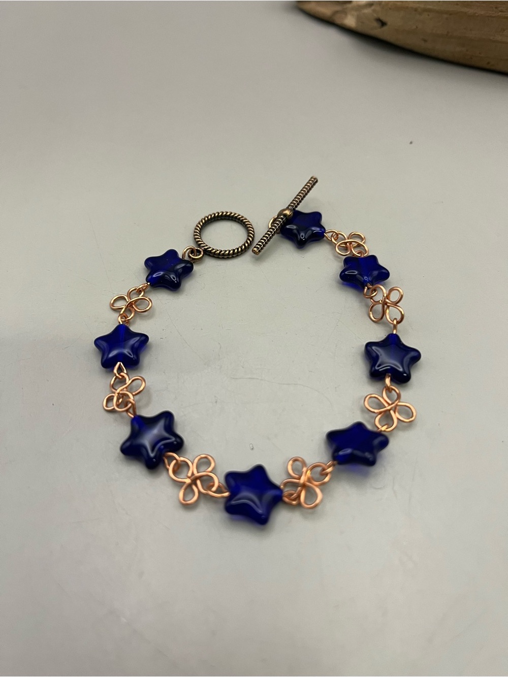 Handmade Copper Bracelet Cobalt Blue Glass Star Beads Wire Wrapped Toggle Clasp